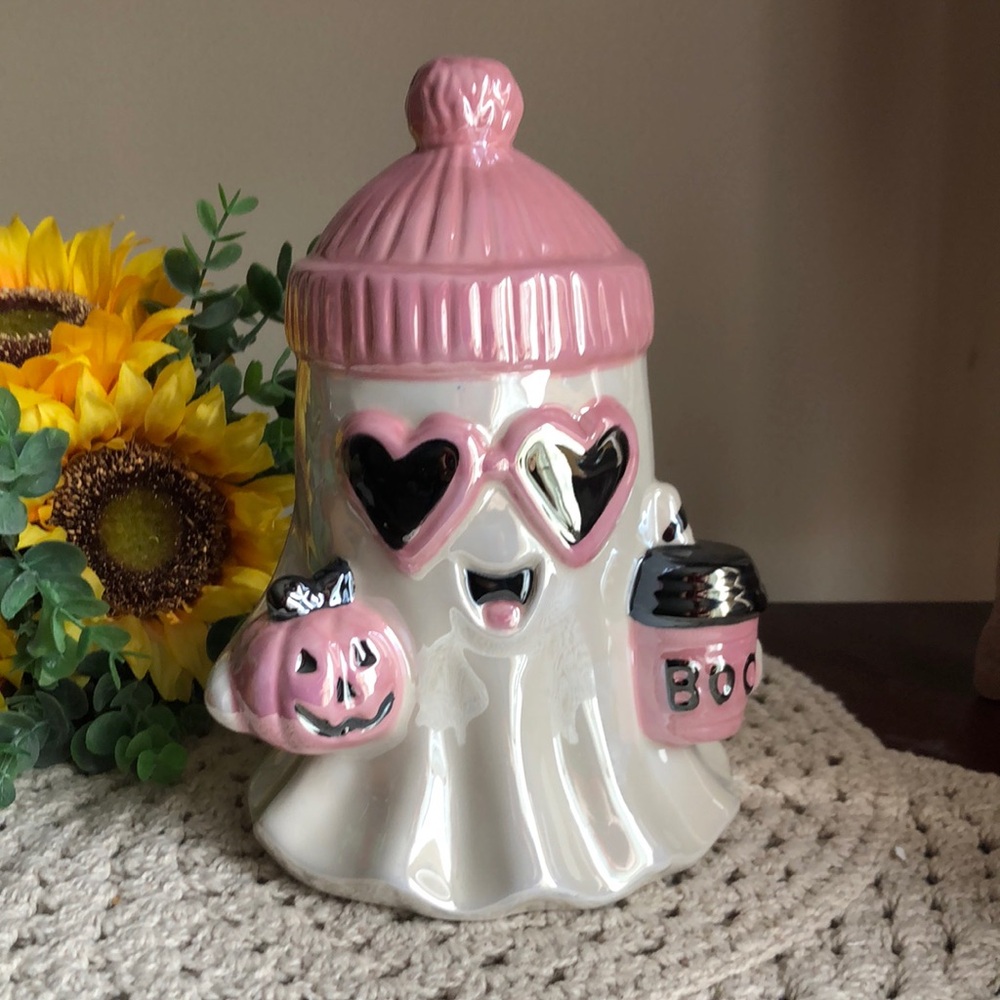Pink & White Ceramic Ghost Figurine with Pumpkin and 'Boo' Cup